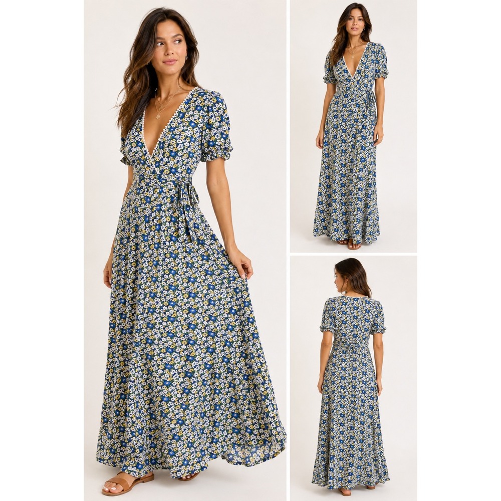 Playa Lucila Floral Maxi Dress S Blue Yellow Cottagecore Boho Wrap Puff Sleeve